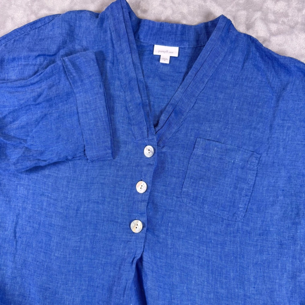 Pure Jill Linen V-Neck 3/4 Sleeve Tunic Top Womes Size 2X Blue Pocket Pullover